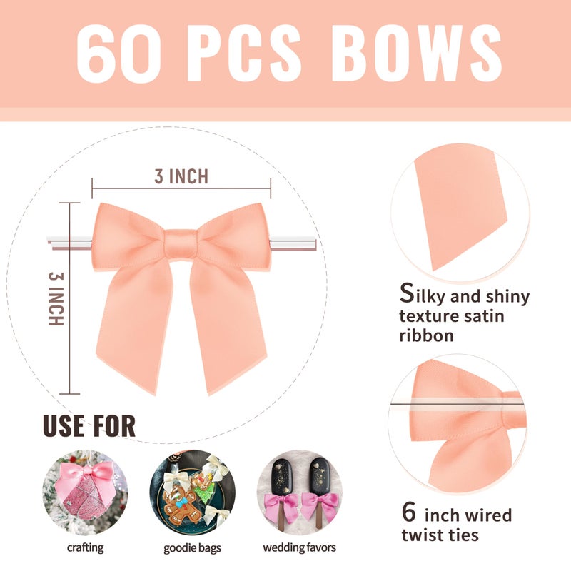 Rainbow Pana 60 Pack Twist Tie Bows for Treat Bags 3"" Rose Gold Satin Ribbon Bows for Package Craft Gift Wrapping Decoration - Image 2